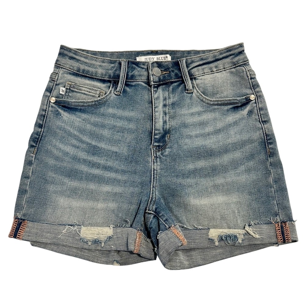 Judy‎ Blue High Waisted Distressed Denim Shorts Womens Small Light Wash JB150184